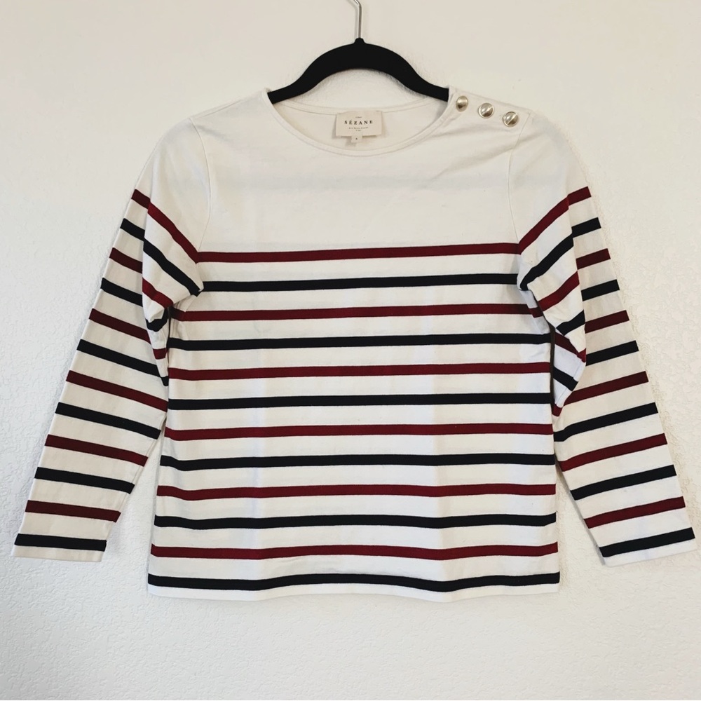 Sezane Loic Small White Red Blue 3/4 Sleeve Nautical Tee
